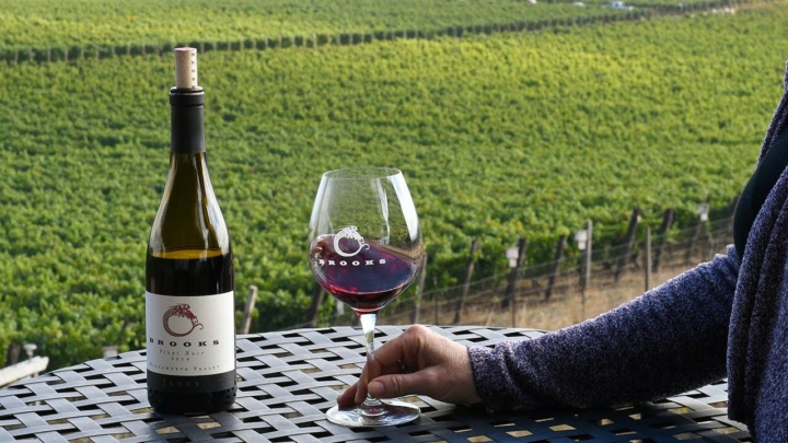 A glass of Pinot Noir enjoyed on the Deck of Brooks Winery overlooking the lush vineyard below.