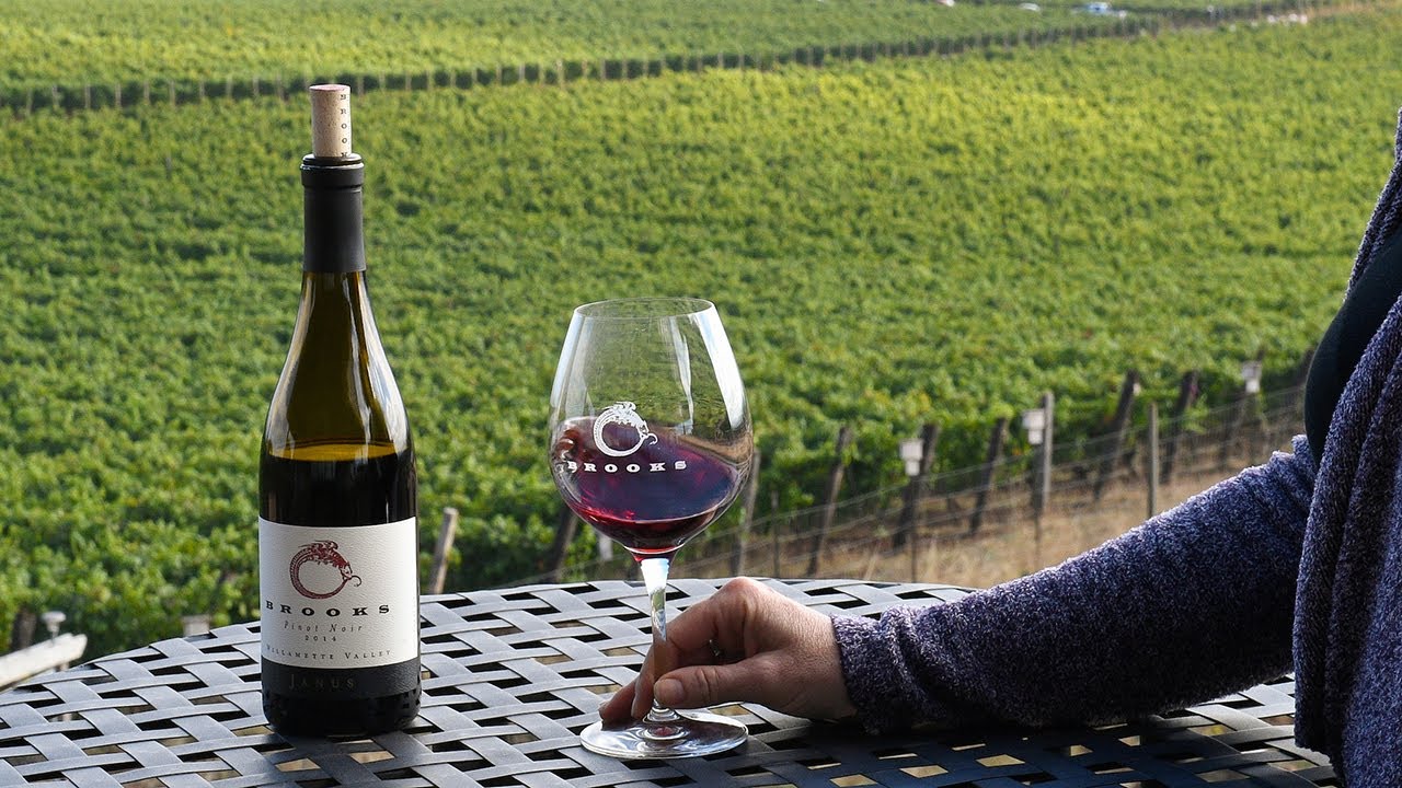 A glass of Pinot Noir enjoyed on the Deck of Brooks Winery overlooking the lush vineyard below.