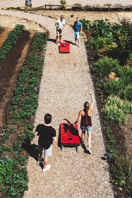 A family plays an outdoor game called cornhole while visiting Brooks Wine in Willamette vValley, Oregon. 