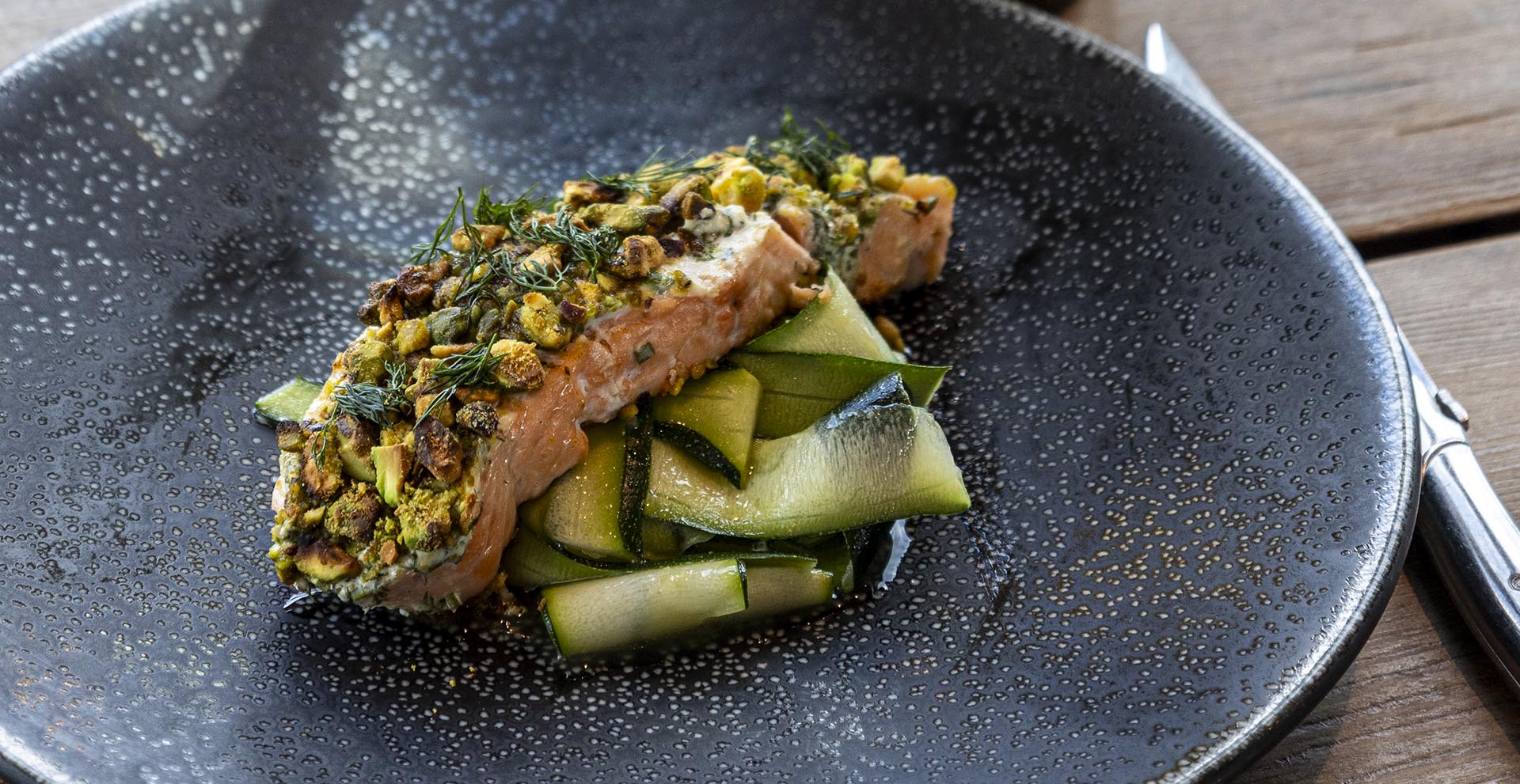 Pistachio-Crusted Yogurt Salmon over Zucchini Ribbons